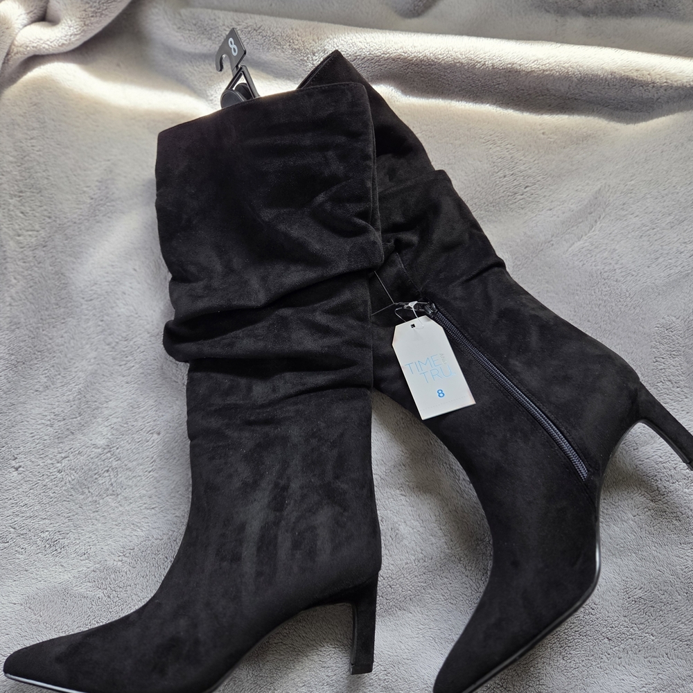 Time and Tru Black Slouchy Pointed-Toe Mid Heel Boots